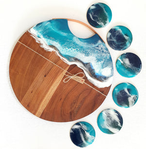 Hand poured resin cheeseboard + 6 coasters