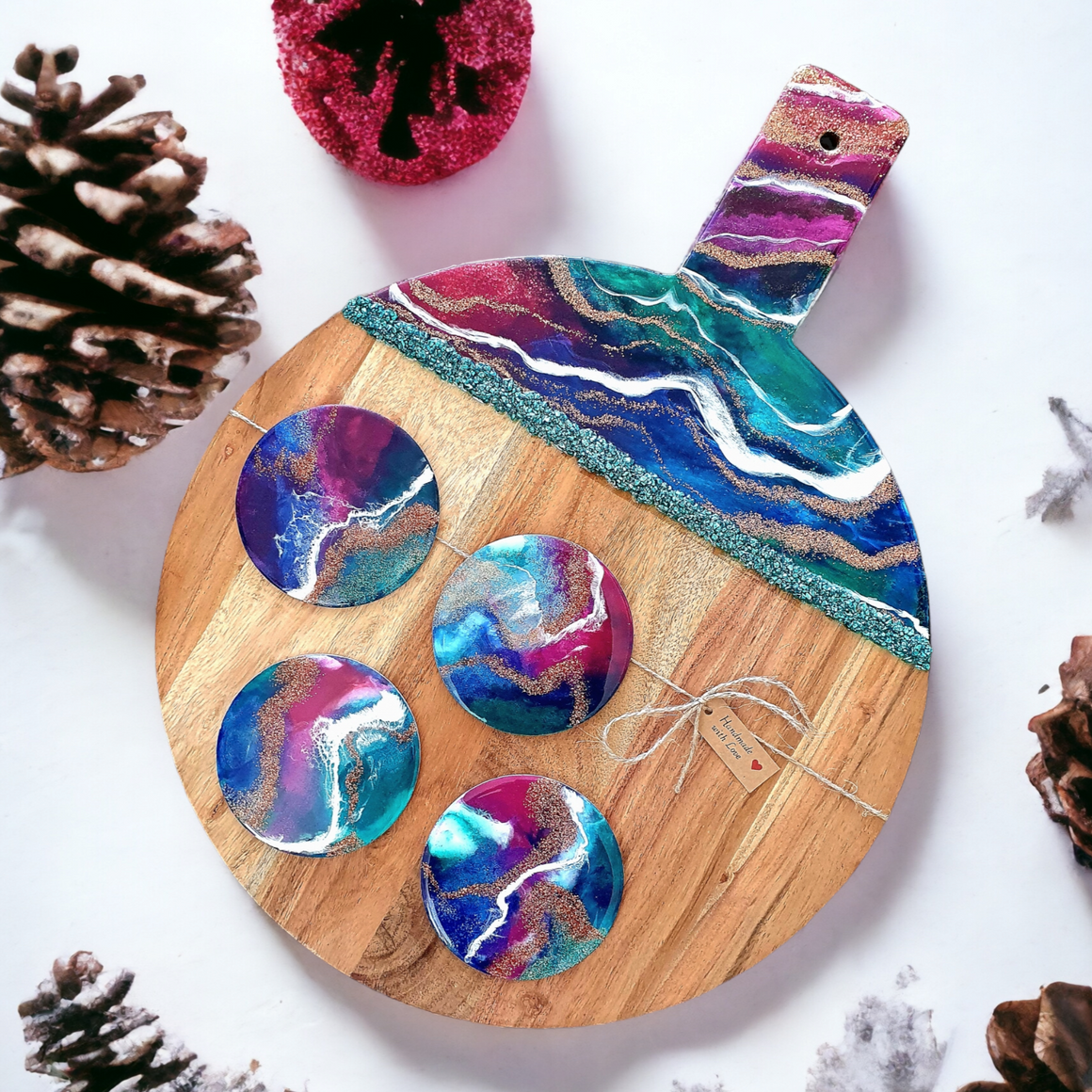 Hand poured resin cheeseboard + 4 coasters