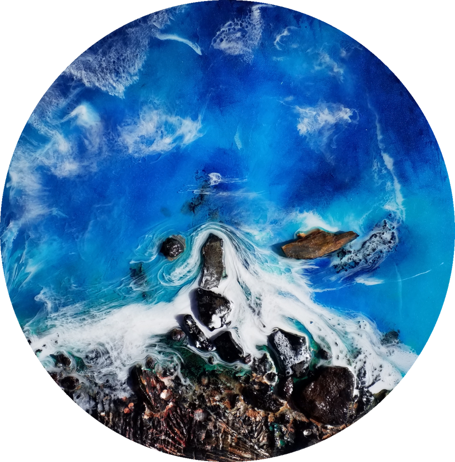 An original resin artwork showing the ocean crashing against the cliff