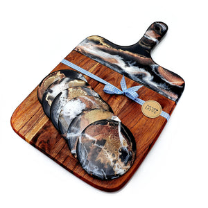 Hand poured resin cheeseboard and 6 coasters