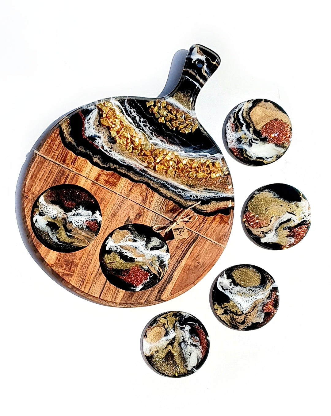 Hand poured resin cheeseboard and 6 coasters