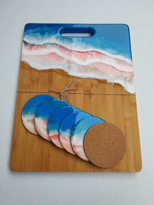 Hand poured resin cheeseboard and 6 coasters