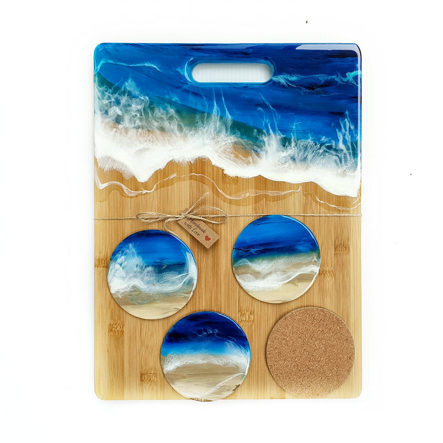 Hand poured resin cheeseboard and 4 coasters