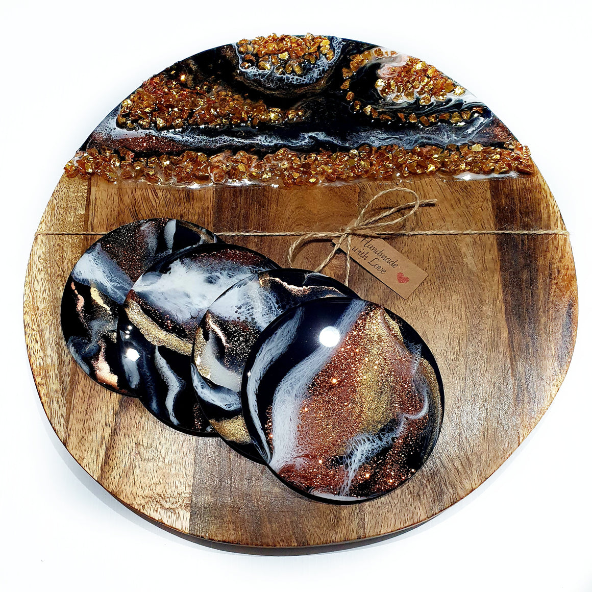 Hand poured resin cheeseboard and 4 coasters