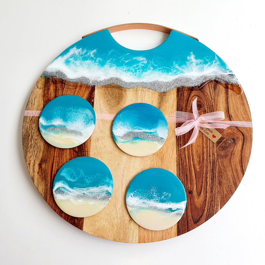 Hand poured resin cheeseboard and  4 coasters