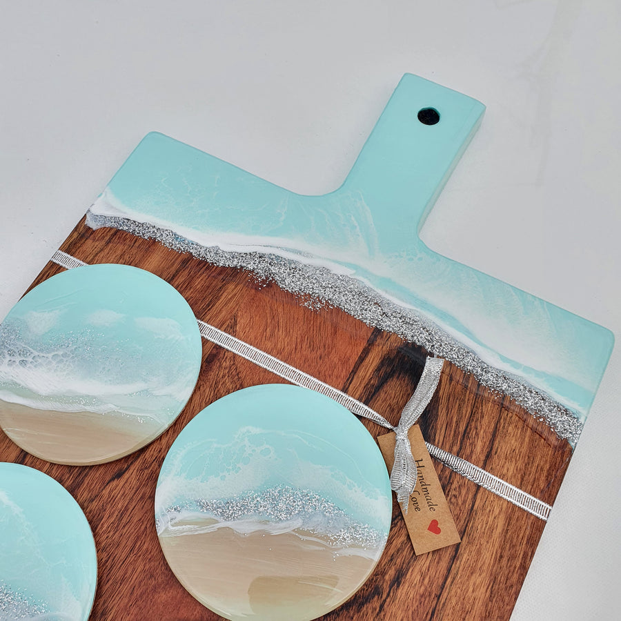 Hand poured resin cheeseboard and  4 coasters