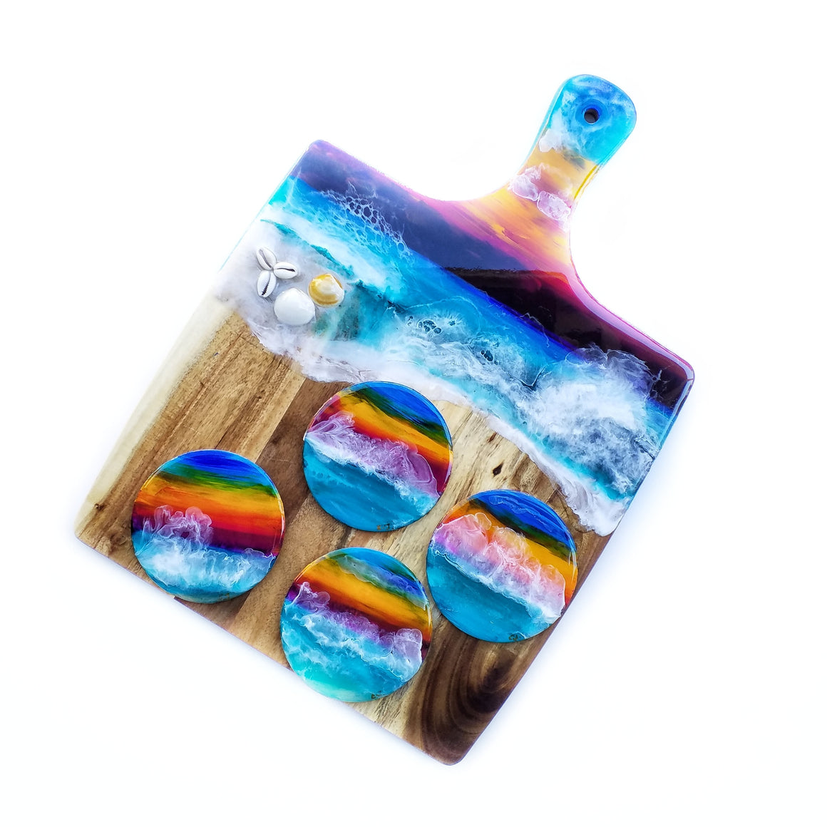 Hand poured resin cheeseboard and 4 coasters