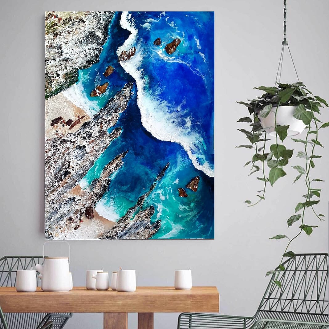 Acrylic and resin abstract artwork 'Rocky Coastline'