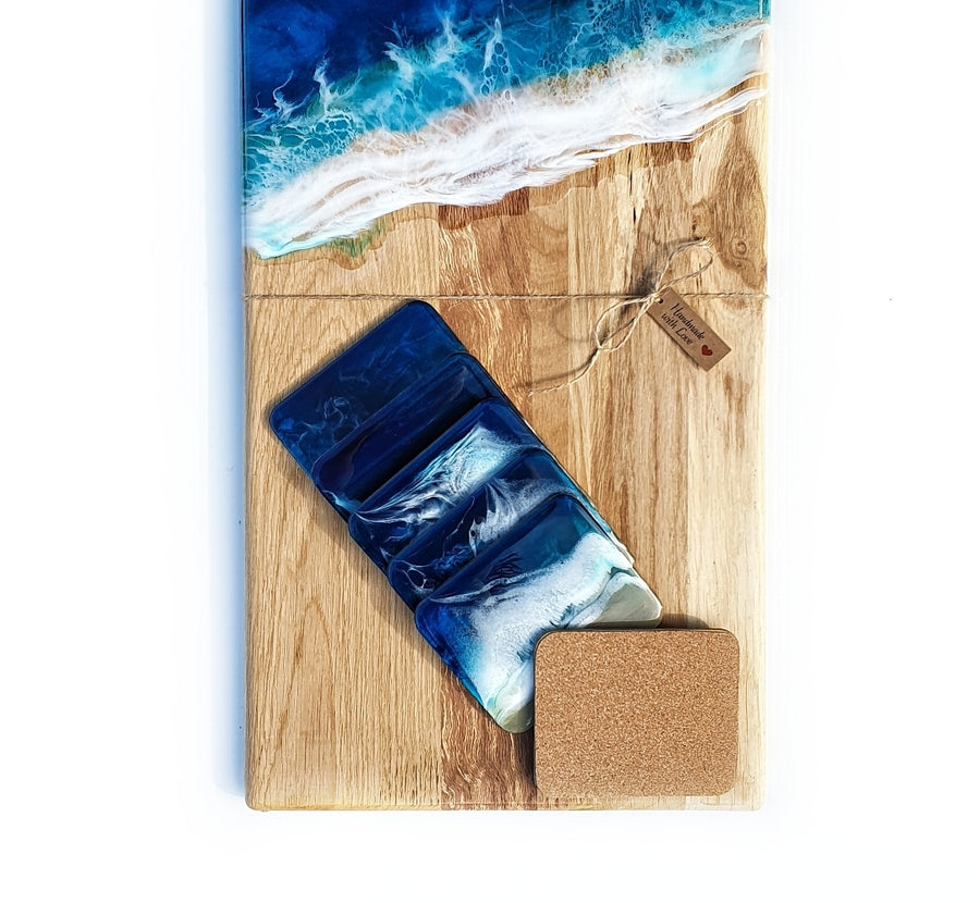 Hand poured resin cheeseboard and 6 coasters